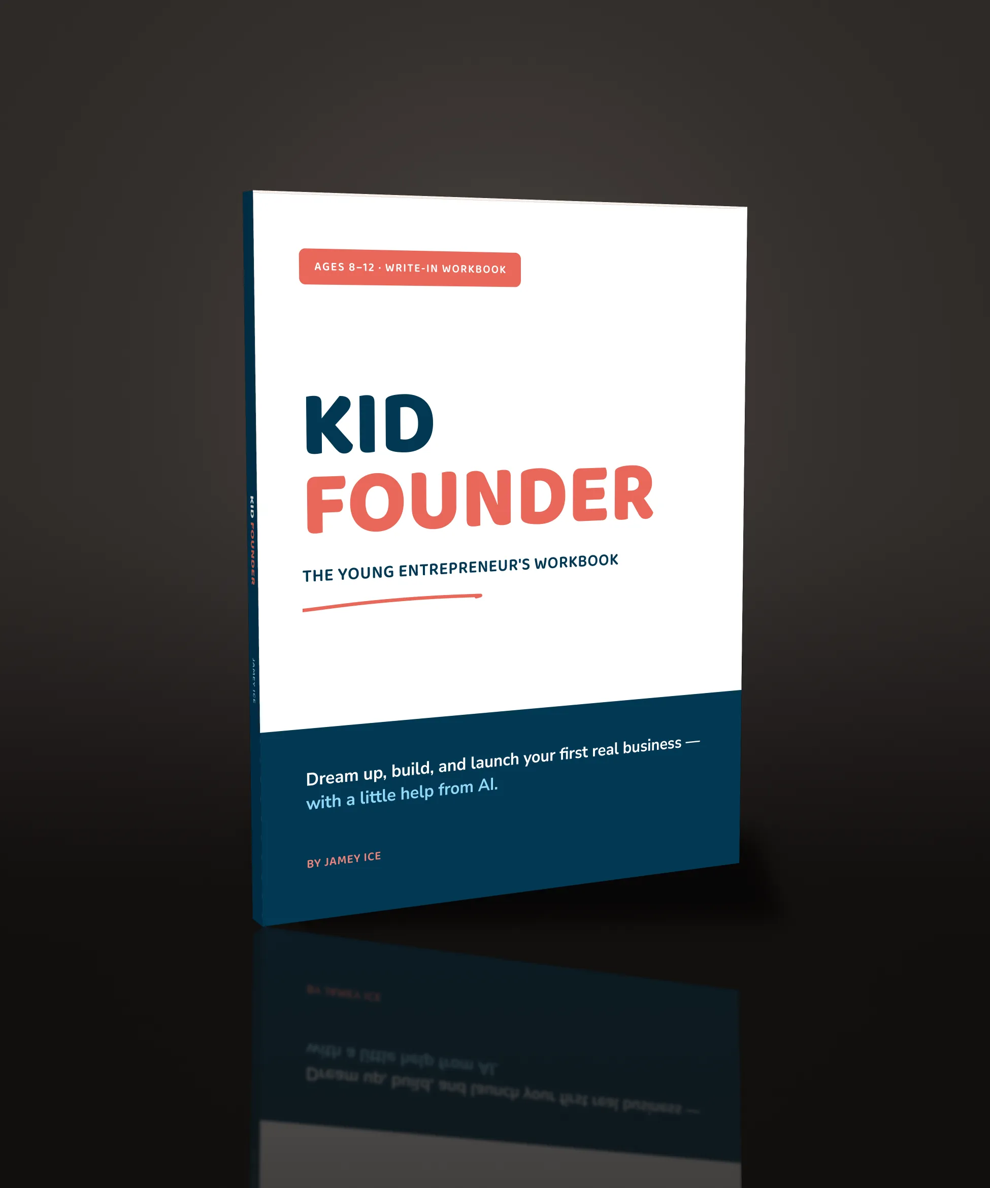 Kid Founder workbook on dark background.