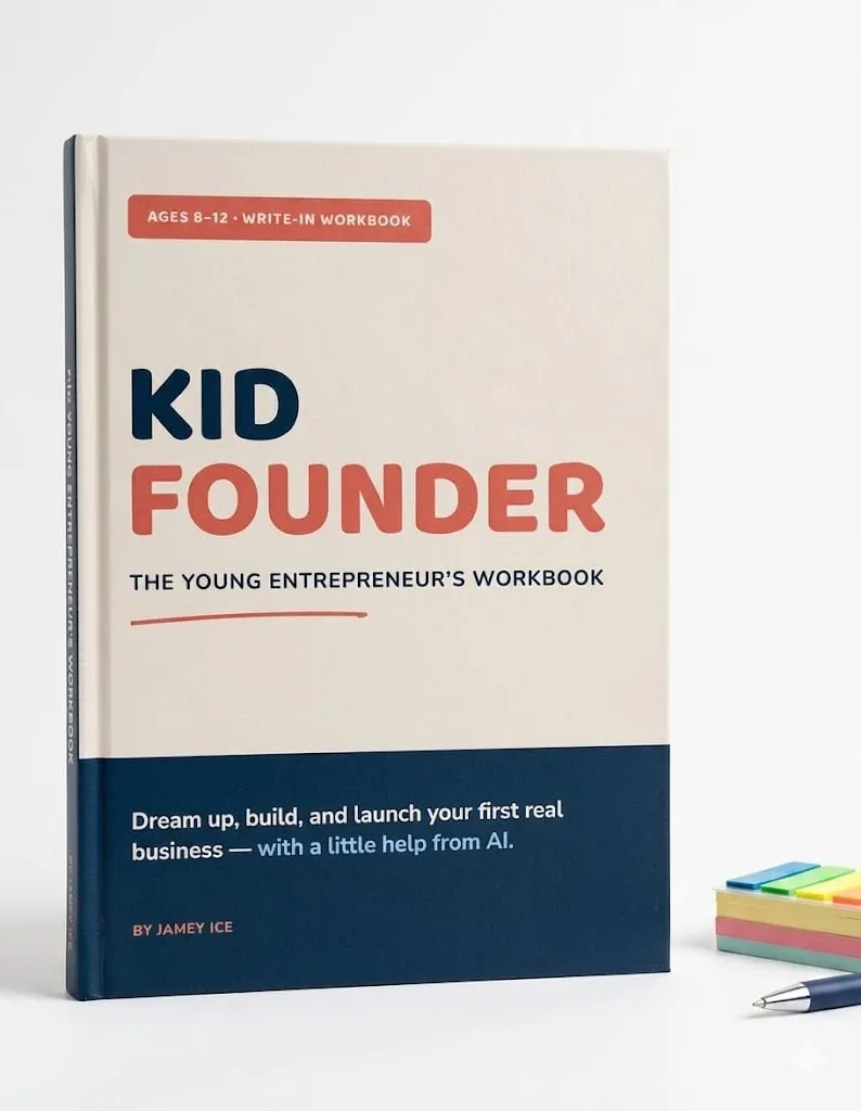 Kid Founder workbook standing upright on a desk with a pen and sticky tabs.