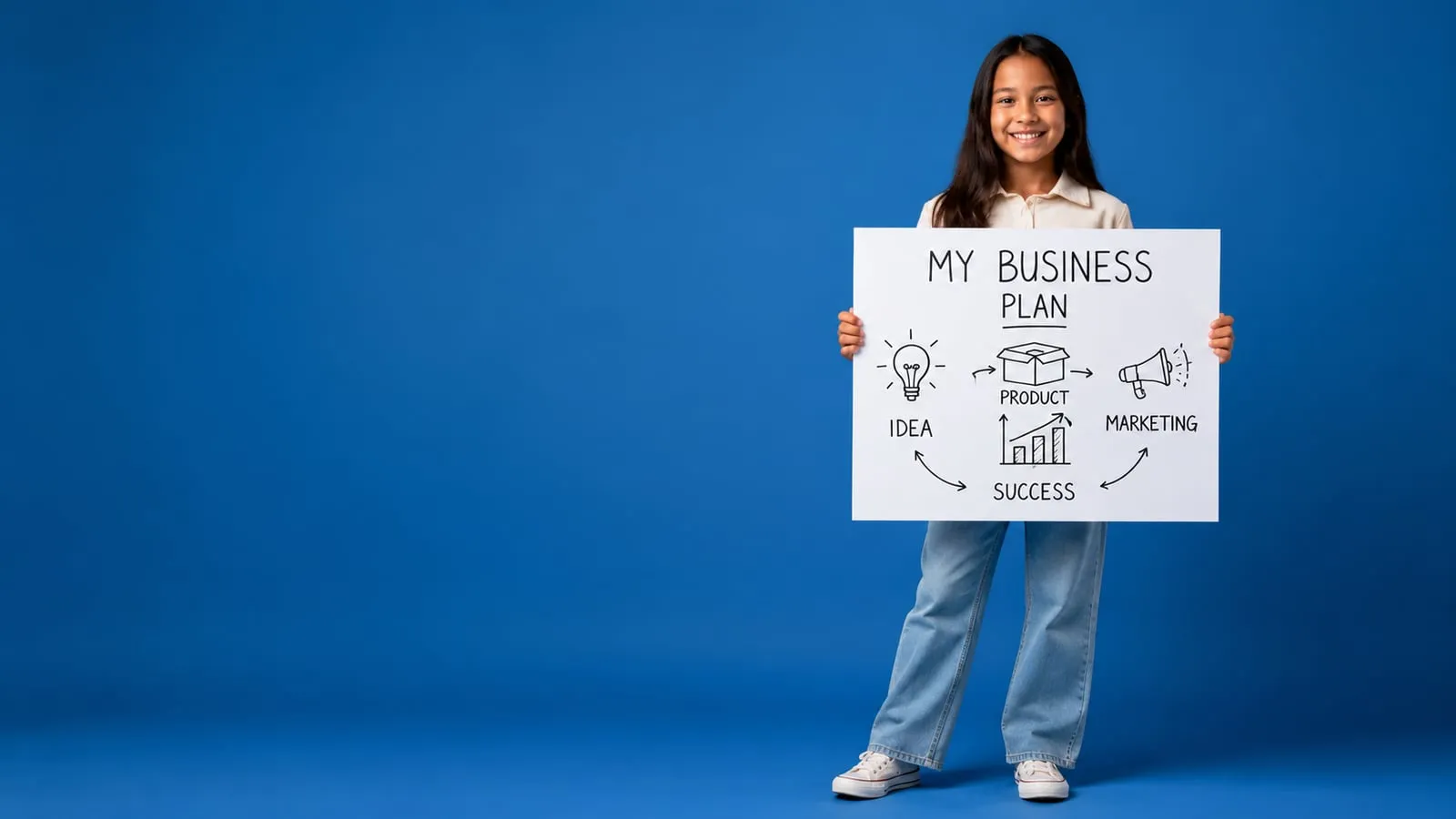 A kid at a kitchen table filling in a one-page business plan.