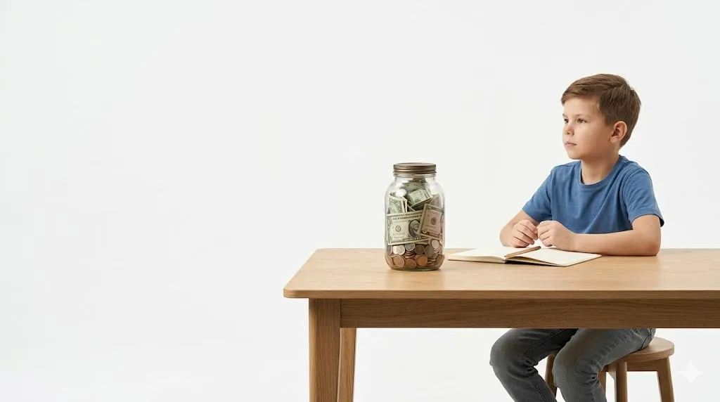 A kid counting cash next to a jar of money on a table.