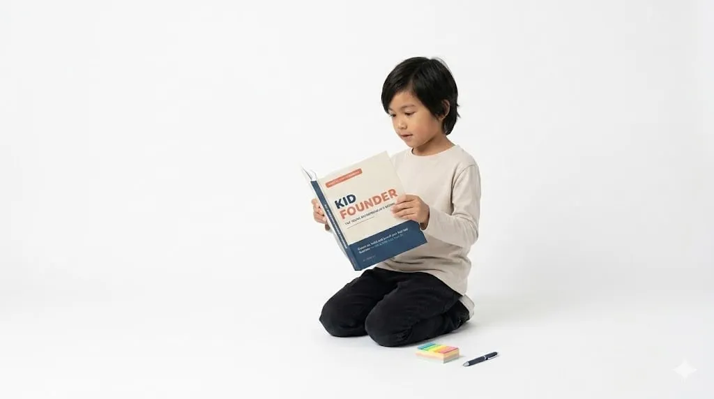 A kid sitting on the floor reading the Kid Founder workbook.