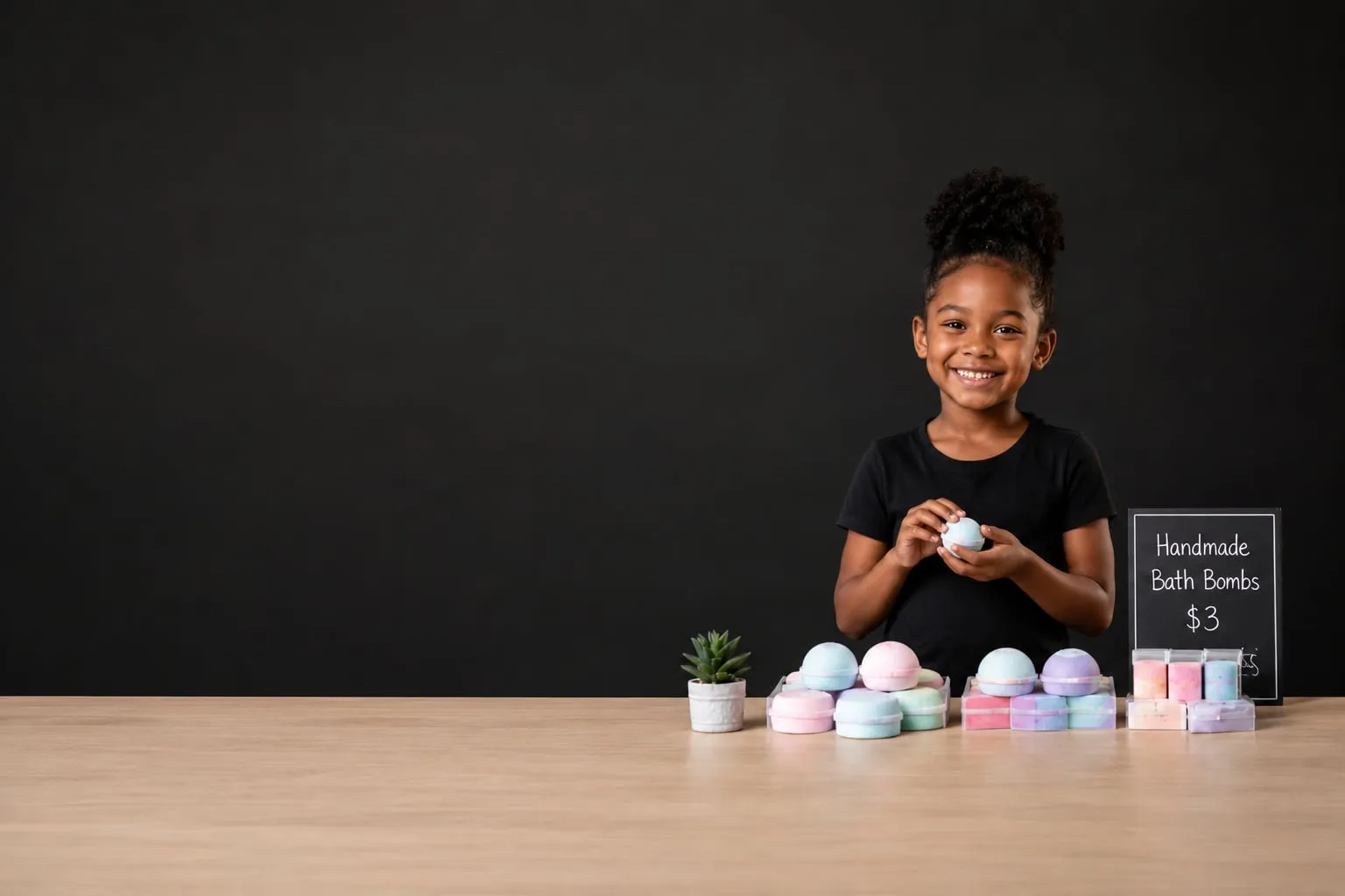 A kid behind a stand selling homemade bath bombs.