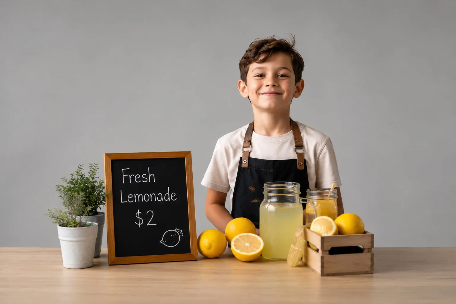 A kid behind a chalkboard stand selling fresh lemonade for $2.