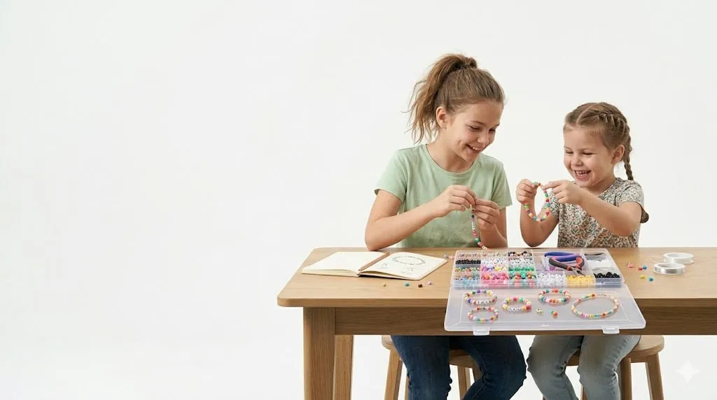 Two sisters making bracelets at a table together.